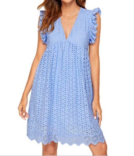 Vestido de playa con cuello en V, sin mangas, con jacquard calado y encaje con bolsillos para verano