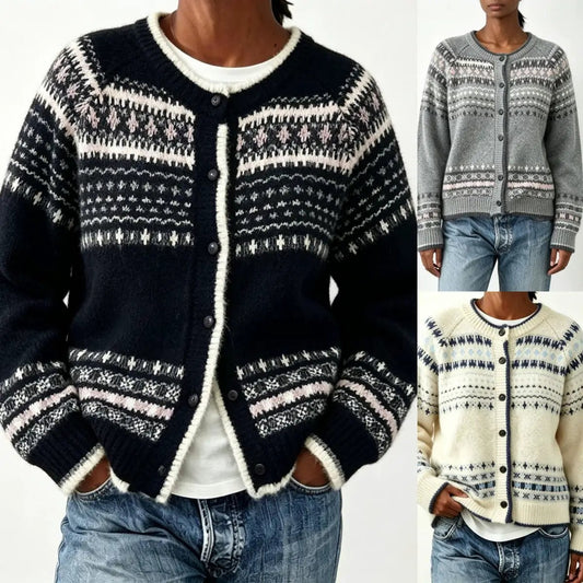eprolo color-block knit cardigan with front buttons; navy, grey, and cream (3 colors).