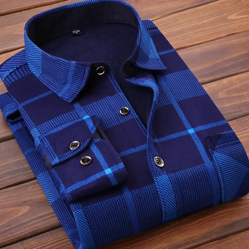 Mens fleece-lined plaid flannel shirt in navy blue, AdTec casual outerwear.