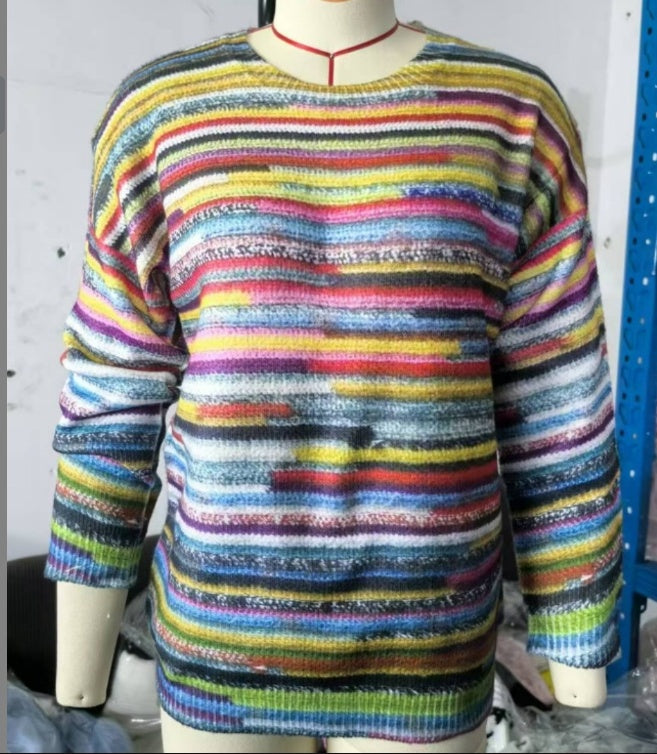 Pull Femme Col Rond Multicolore Ample Tendance