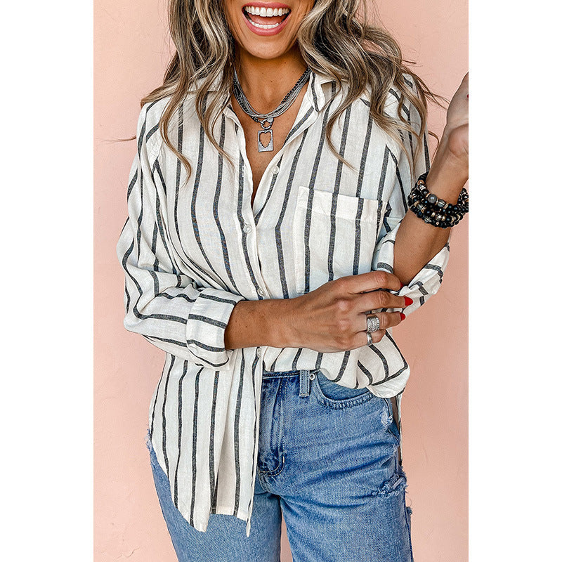 European And American Commuters' Polo Collar Stripes Shirt For Women