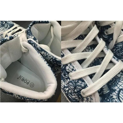Women's high-top sneakers with white laces and blue lace-pattern fabric