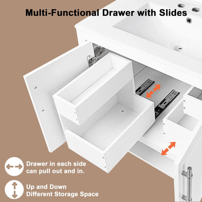 30" Bathroom Vanity with Sink Multi-functional Bathroom Cabinet with Doors and Drawers Solid Frame and MDF Board, White by eprolo