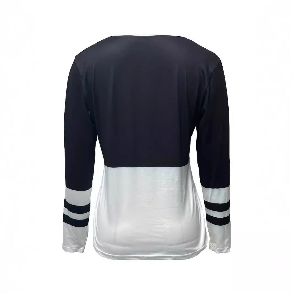 T-shirt à manches longues zippé ample pour femmes, à col en V, avec rayures contrastantes
