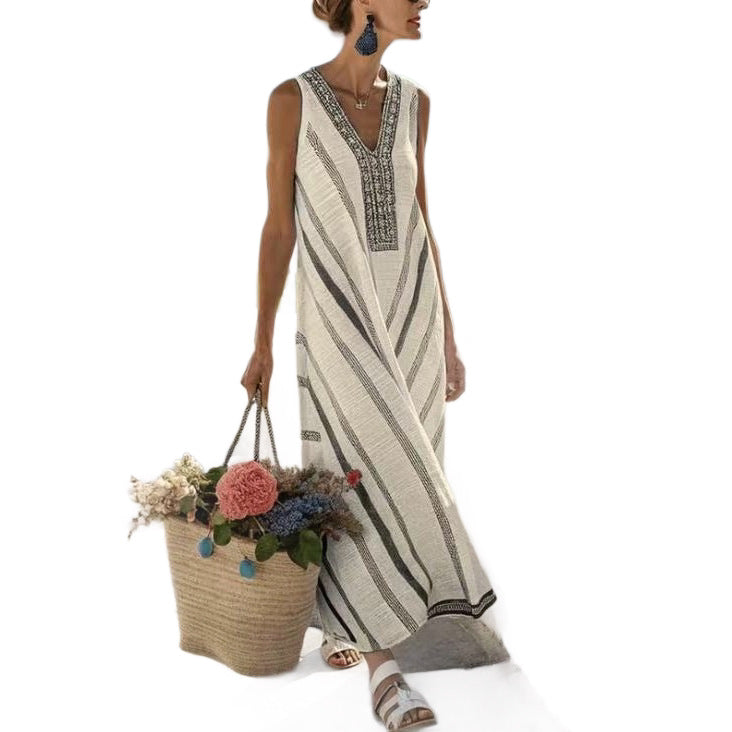 Robe sans manches rayée à encolure en V, imprimé style vacances