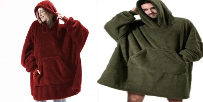 Hoodie fleece sweatshirt by AdTec with a large front pocket; two-toned red and green pair, oversized wearable blankets