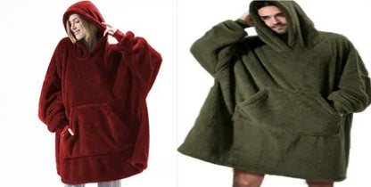 Hoodie fleece sweatshirt by AdTec with a large front pocket; two-toned red and green pair, oversized wearable blankets
