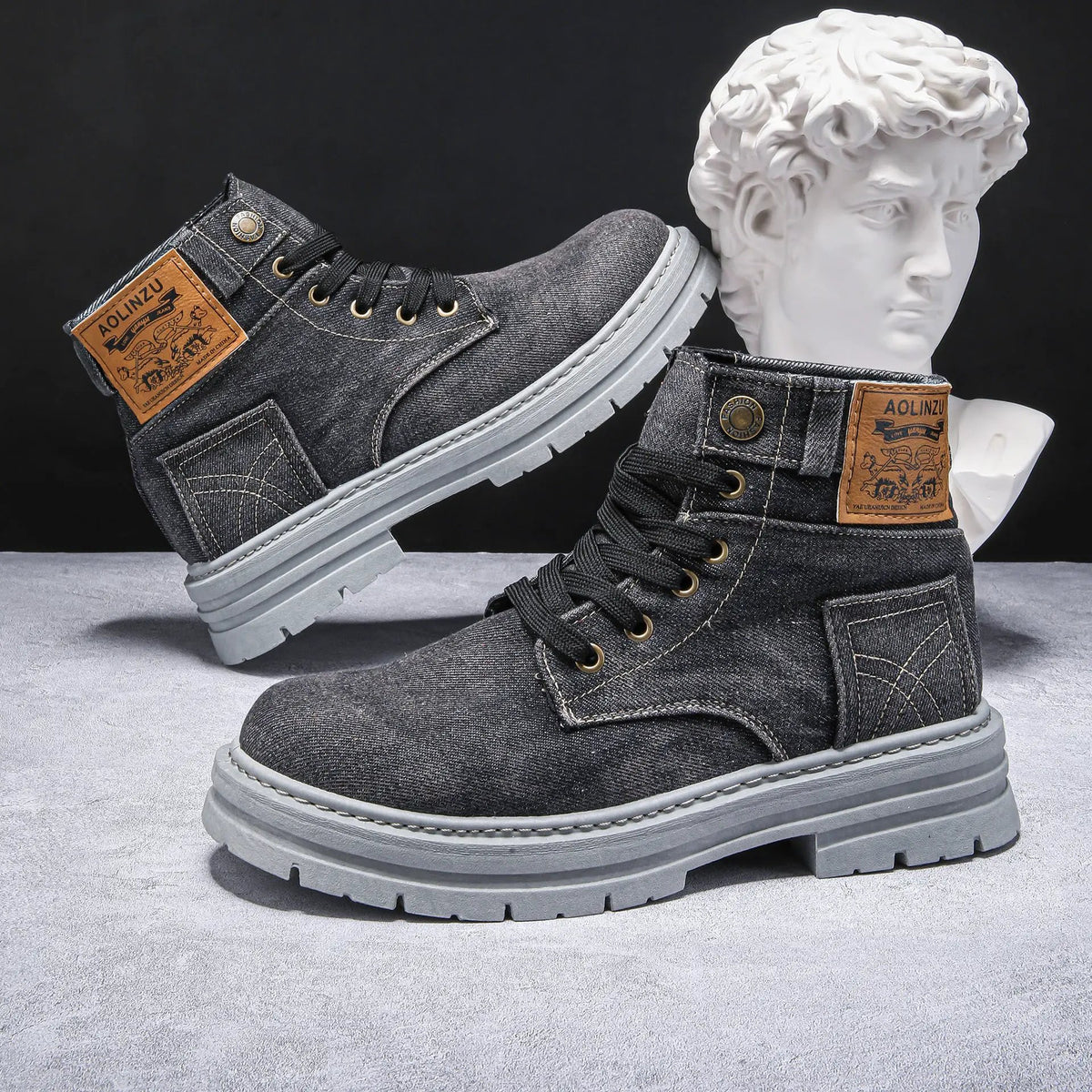 Velora high-top board shoes, denim fabric with gray outsole; AOLINZU patch logo, pair of sneakers