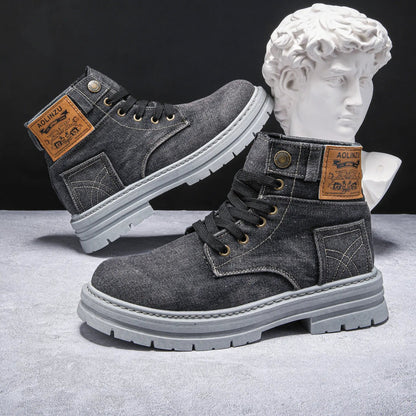Velora high-top board shoes, denim fabric with gray outsole; AOLINZU patch logo, pair of sneakers