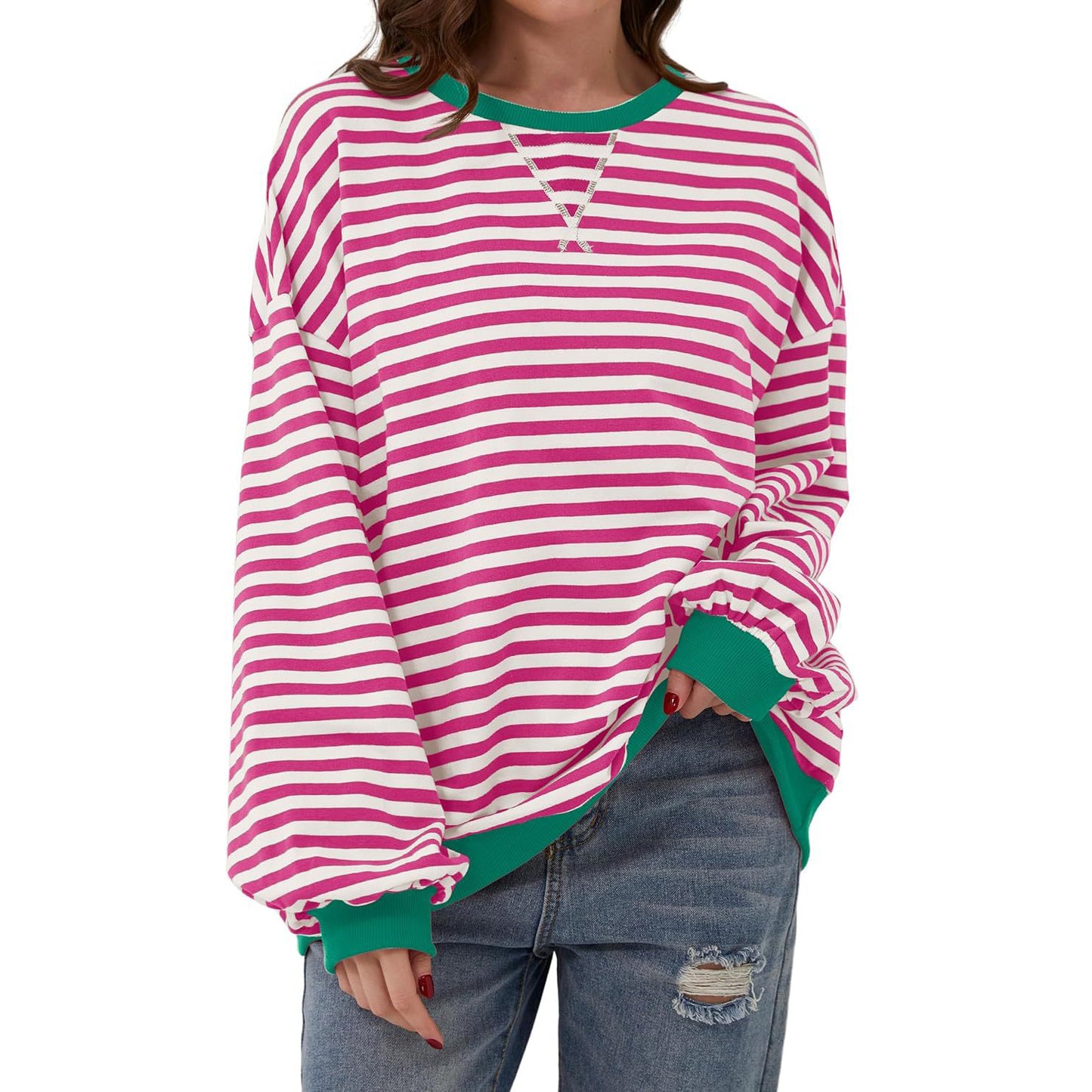 T-shirt ample à manches longues rayé, pull décontracté pour vêtements pour femmes