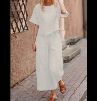 Traje de dos piezas de lino informal holgado de color sólido para mujer europea y americana