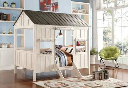 Cottage-style kids loft bed in weathered white and washed gray by PrimeCanada.Store, 84x59x77 in.