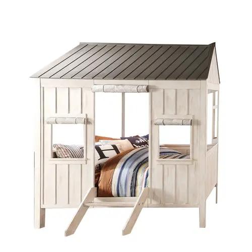 Cottage-style kids bed in weathered white and washed gray with a roof, doors and front ramp (84x59x77 in)