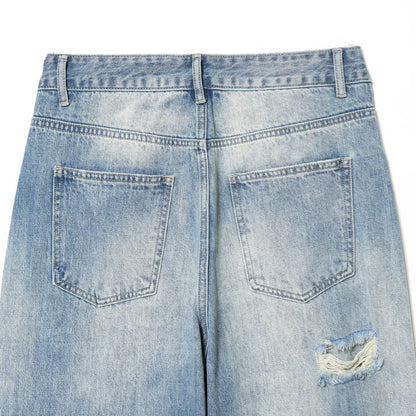 Broken hole decorative rolled edge loose jeans
