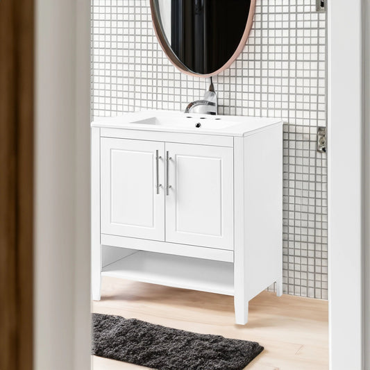 30" Bathroom Vanity with Sink Multi-functional Bathroom Cabinet with Doors and Drawers Solid Frame and MDF Board, White by eprolo