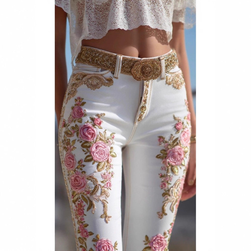 Pantalon en faux jean fleuri et coloré pour femme
