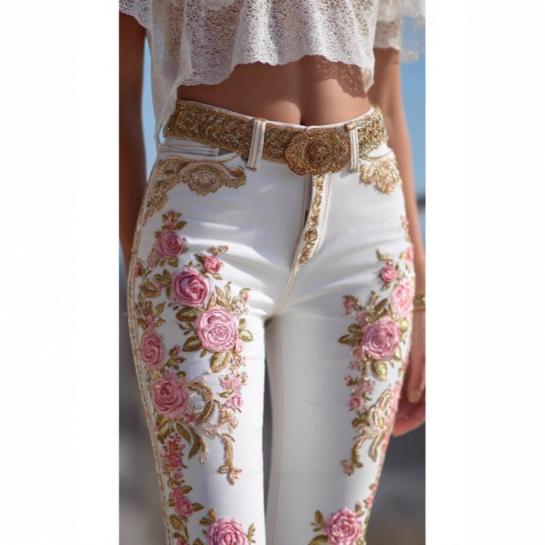 Pantalon en faux jean fleuri et coloré pour femme
