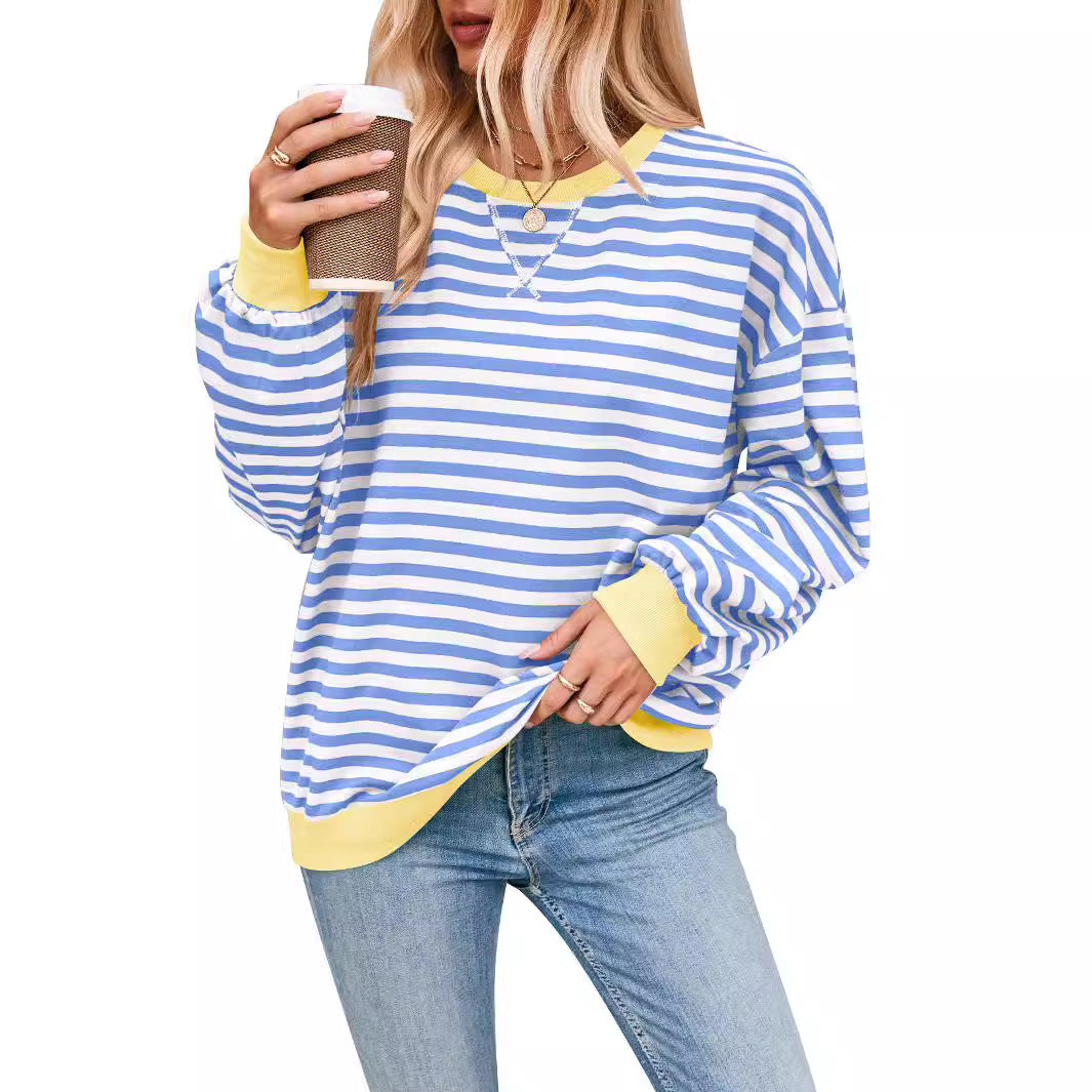 T-shirt ample à manches longues rayé, pull décontracté pour vêtements pour femmes