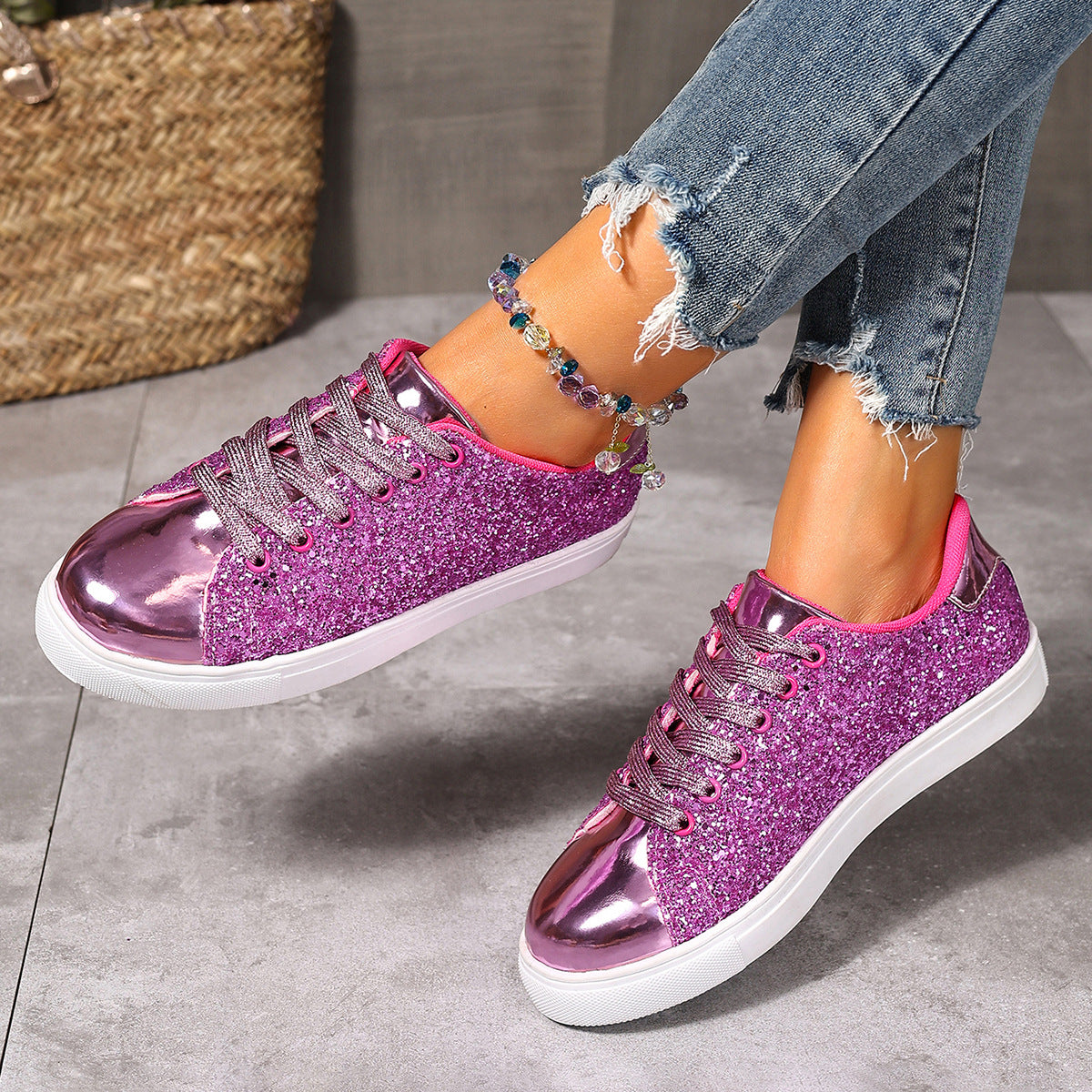 Zapatos de talla grande con cordones delanteros con lentejuelas de color liso