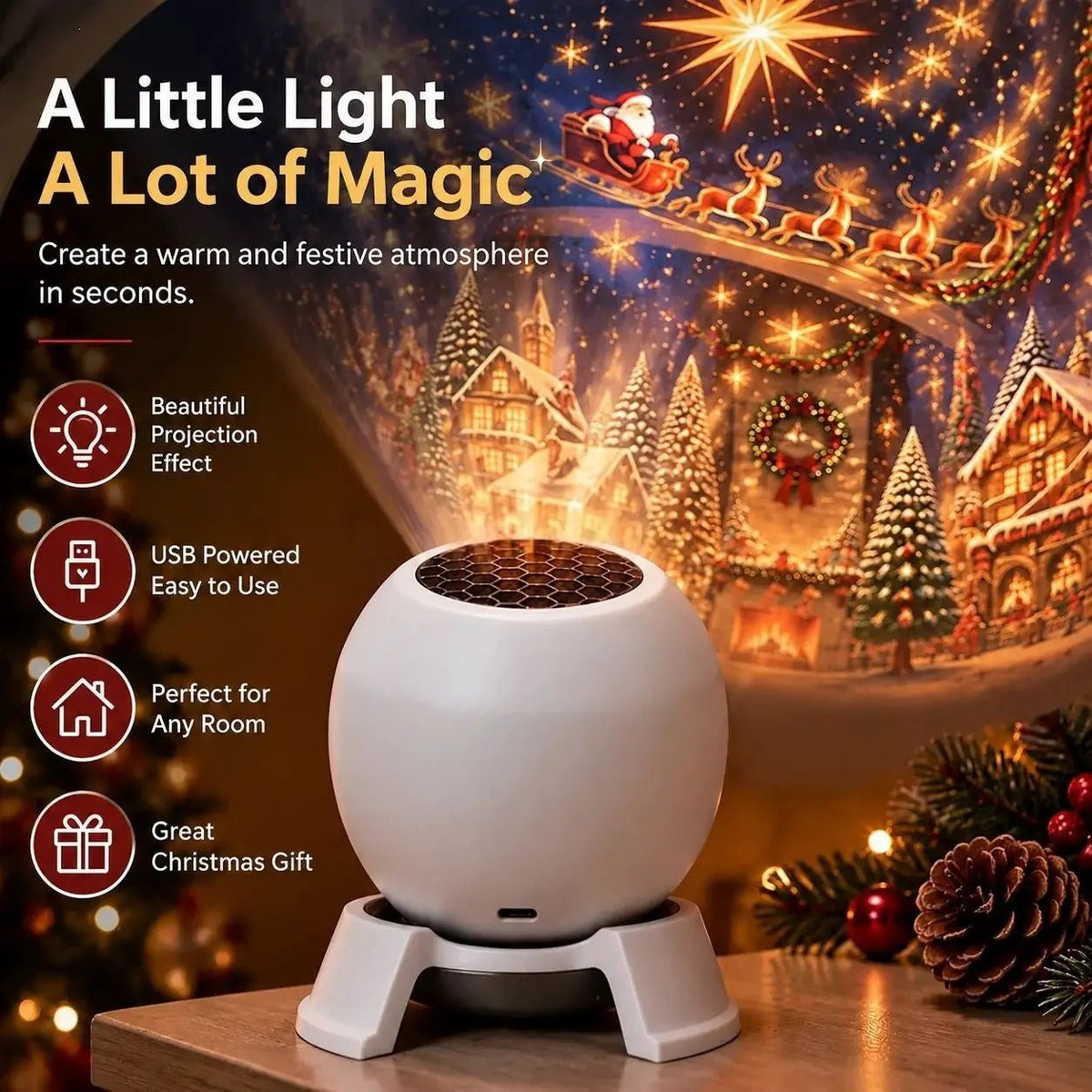 Christmas Magic Projection Light; white USB-powered outdoor decorative lamp for garden and home.