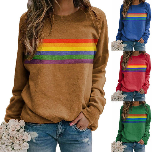 Suéter de manga larga con cuello redondo y estampado de rayas de colores