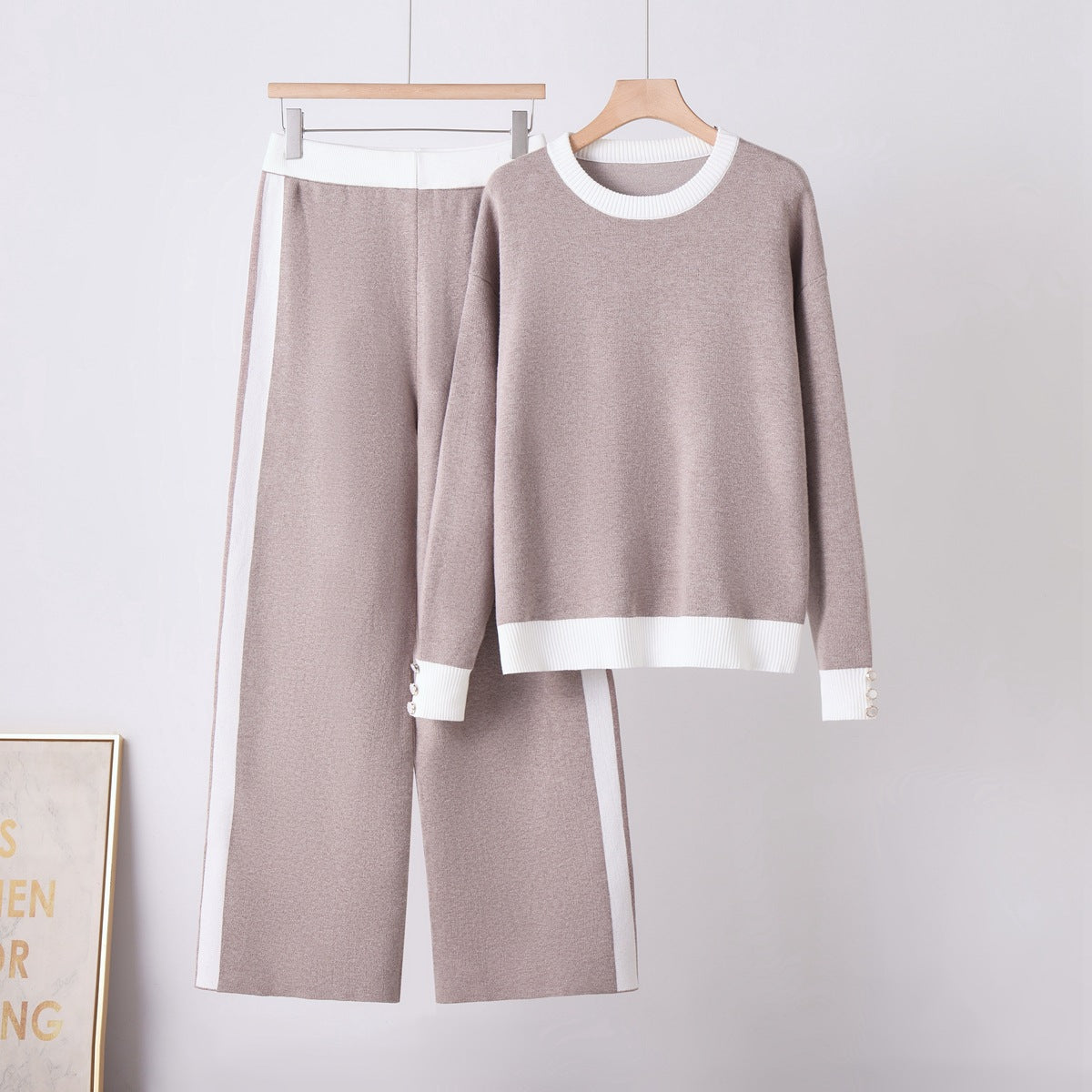 Round Neck Pocket Sweater  Loose Casual Wide-Leg Pants for Women