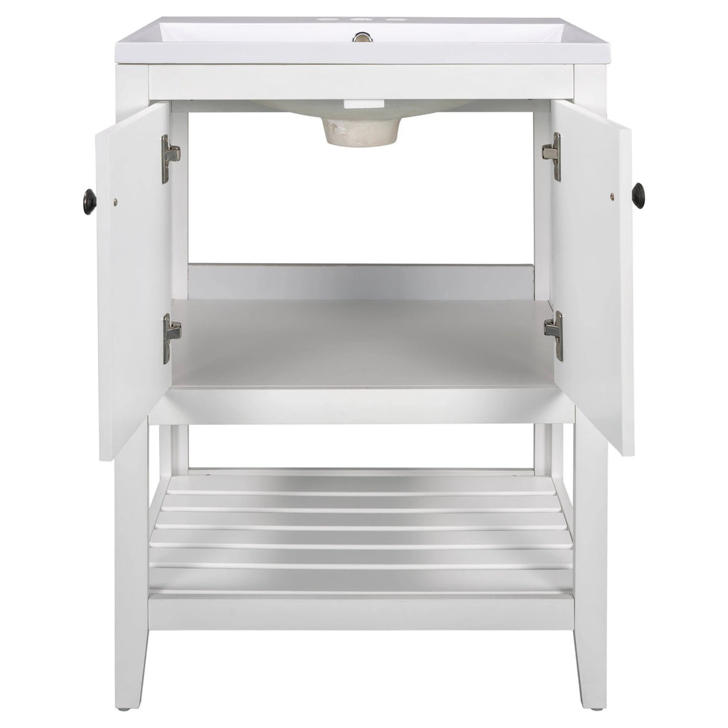 24" White Modern Sleek Bathroom Vanity Elegant Ceramic Sink with Solid Wood Frame Open Style Shelf by eprolo