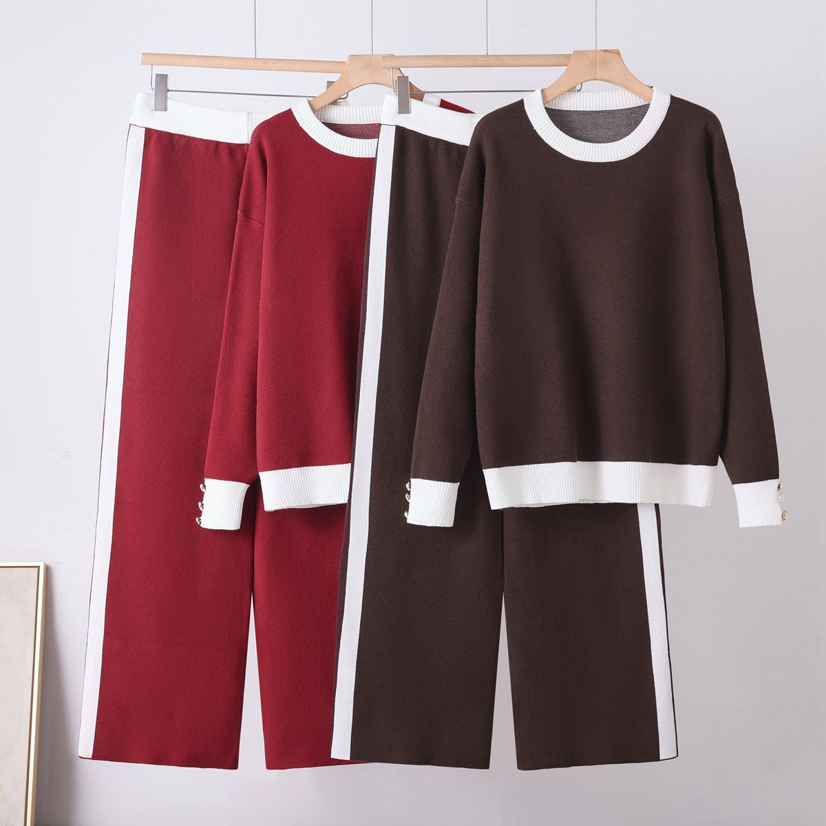 Round Neck Pocket Sweater  Loose Casual Wide-Leg Pants for Women