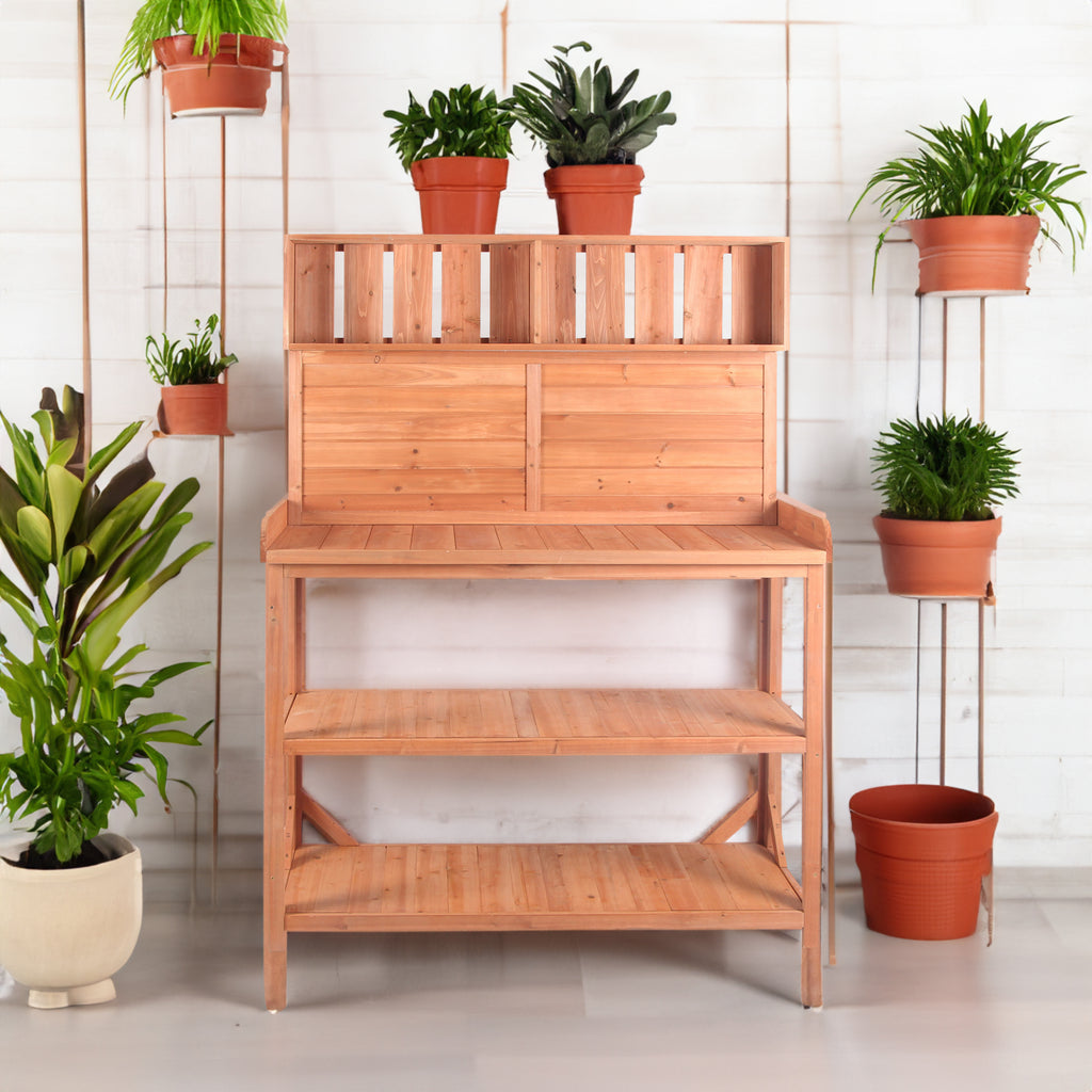 Table de rempotage de jardin rustique de ferme en bois de 65 po avec 4 étagères de rangement et crochet latéral, naturelle