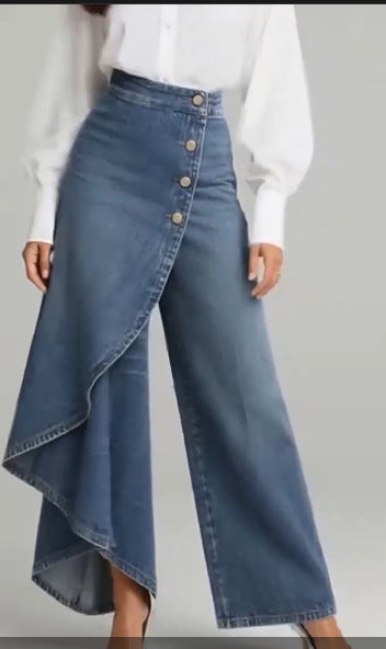 Pantalones únicos de pernera recta a la moda con volantes grandes y botones, pantalones de mujer, ropa vaquera de imitación