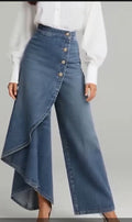 Pantalones únicos de pernera recta a la moda con volantes grandes y botones, pantalones de mujer, ropa vaquera de imitación