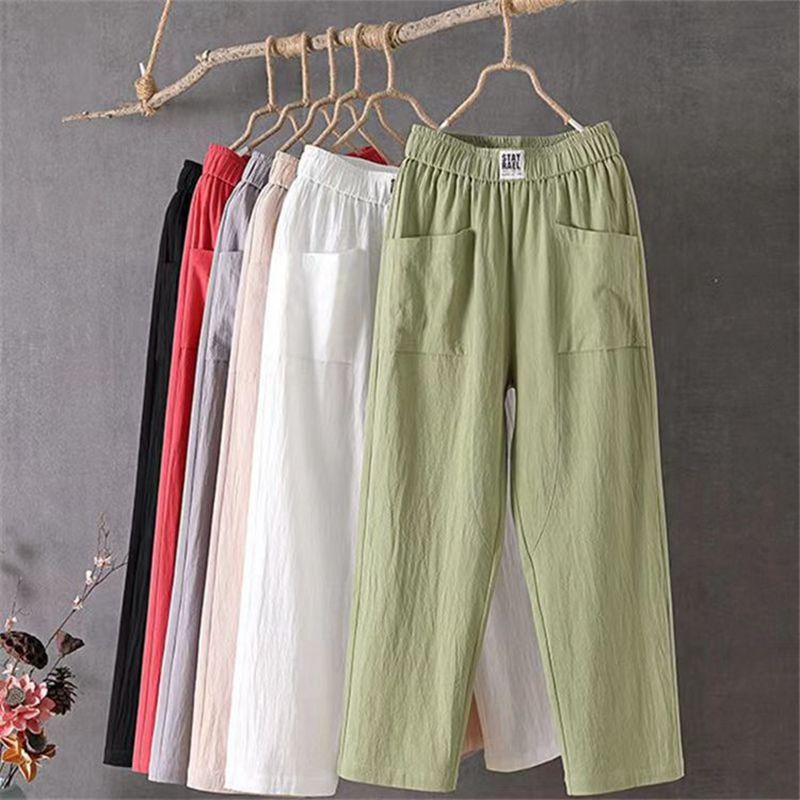 Pantalon décontracté en coton et lin pour femme, coupe droite amincissante, longueur capri