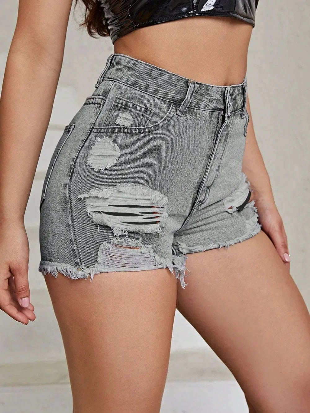 Distressed Raw Hem High Rise Denim Shorts by eprolo
