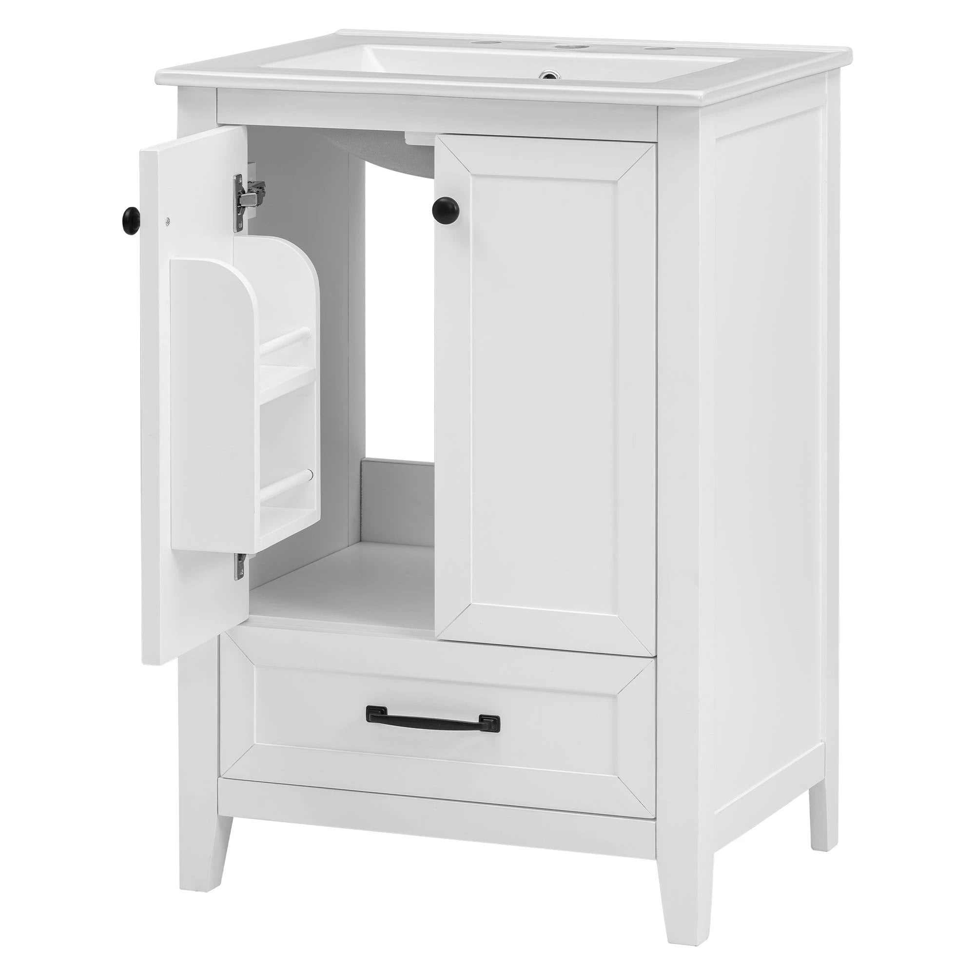24" Bathroom Vanity with Sink, Bathroom Vanity Cabinet with One Drawer and Doors, Solid Wood and MDF, White by eprolo