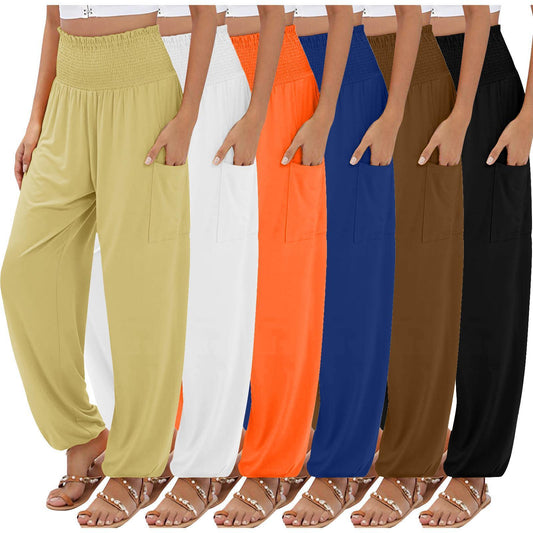 Pantalones casuales de talle alto y pierna ancha con cintura elástica