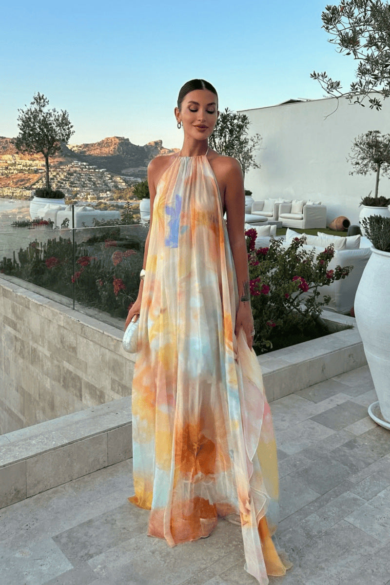 Printed, Loose-Fitting Halterneck Backless Resort Dress
