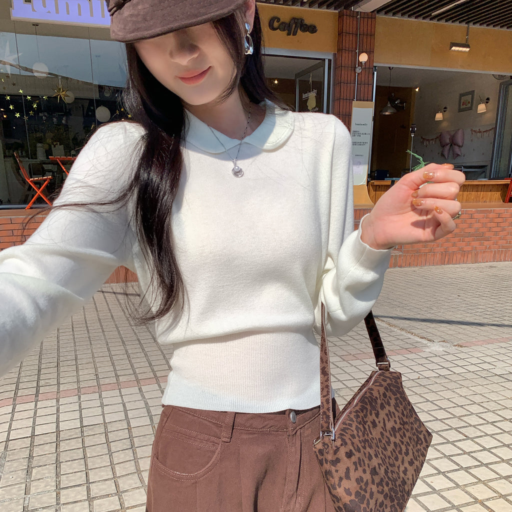 Unique White Peter Pan Collar Knit Bodysuit for Women