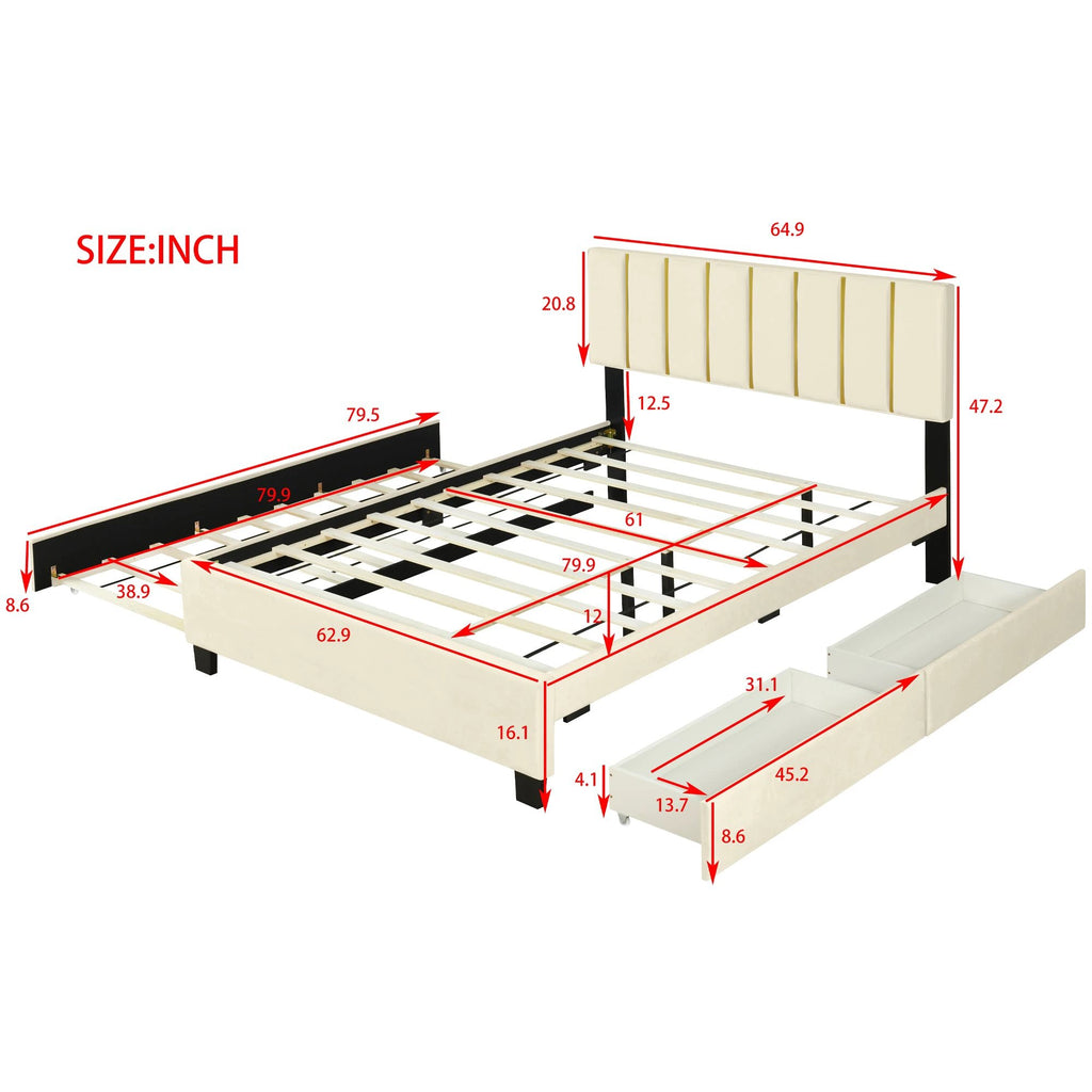 Queen Size Upholstered Platform Bed with 2 Drawers and 1 Trundle, Classic Metal Strip Headboard Design, Beige by eprolo