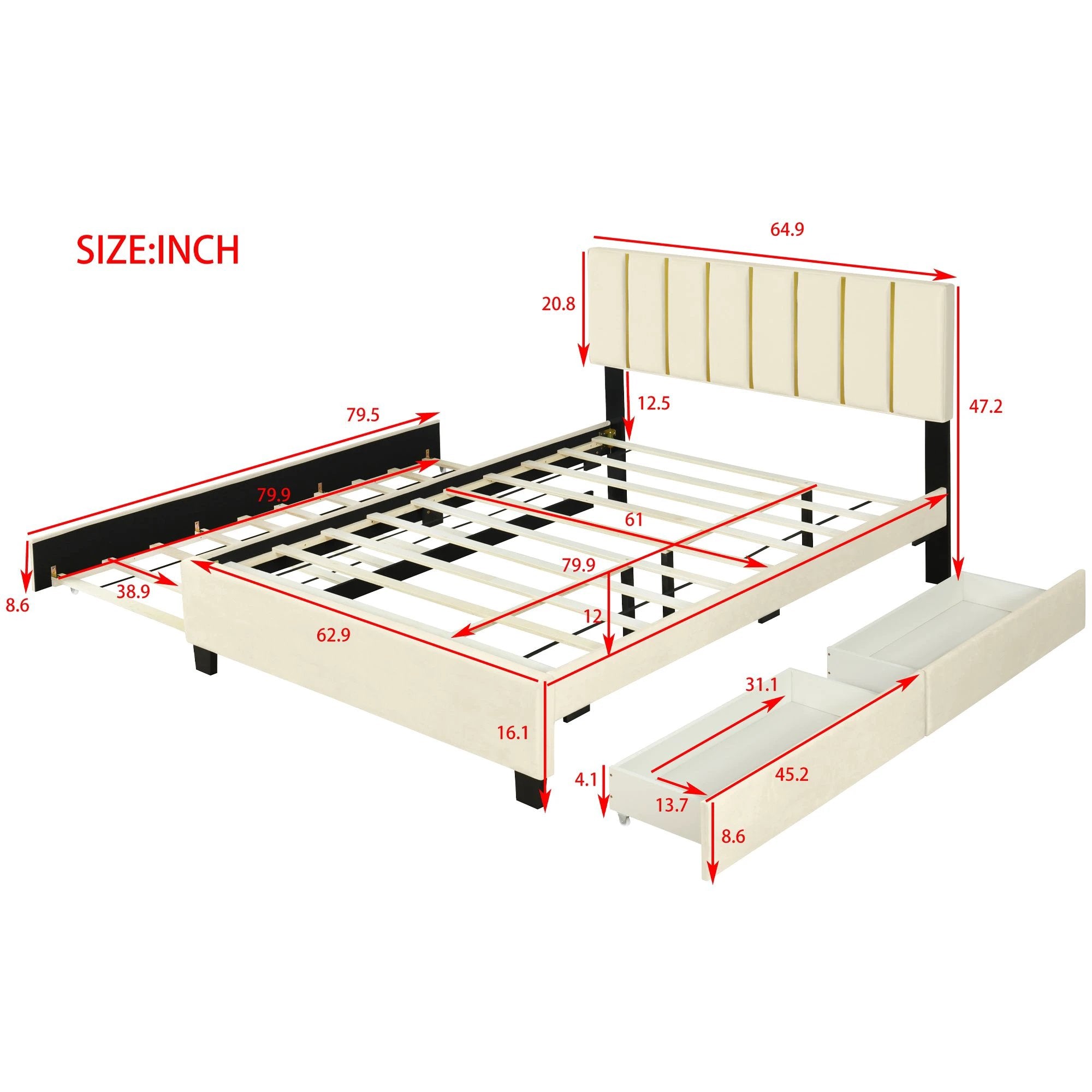 Queen Size Upholstered Platform Bed with 2 Drawers and 1 Trundle, Classic Metal Strip Headboard Design, Beige by eprolo