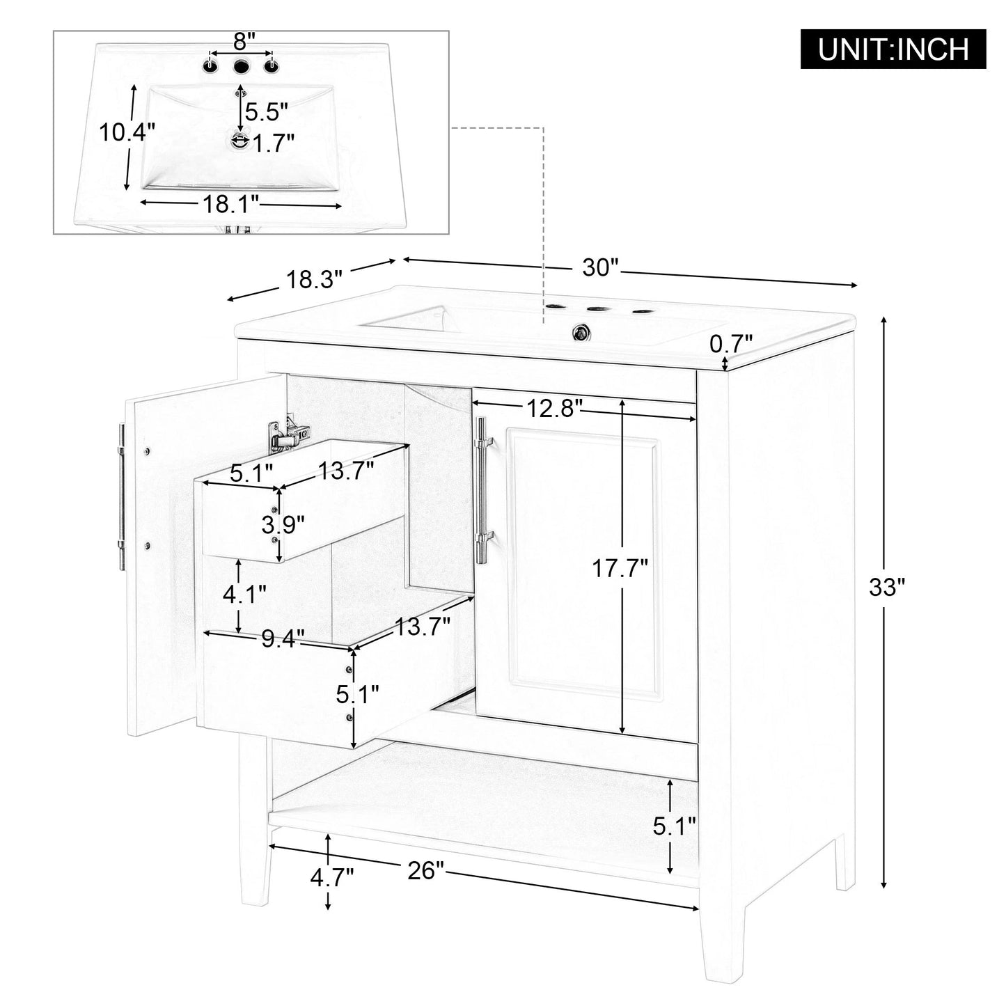 30" Bathroom Vanity with Sink Multi-functional Bathroom Cabinet with Doors and Drawers Solid Frame and MDF Board, White by eprolo