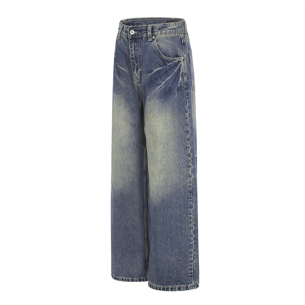 Pantalon jean délavé jambes larges droites avec blocs de couleur