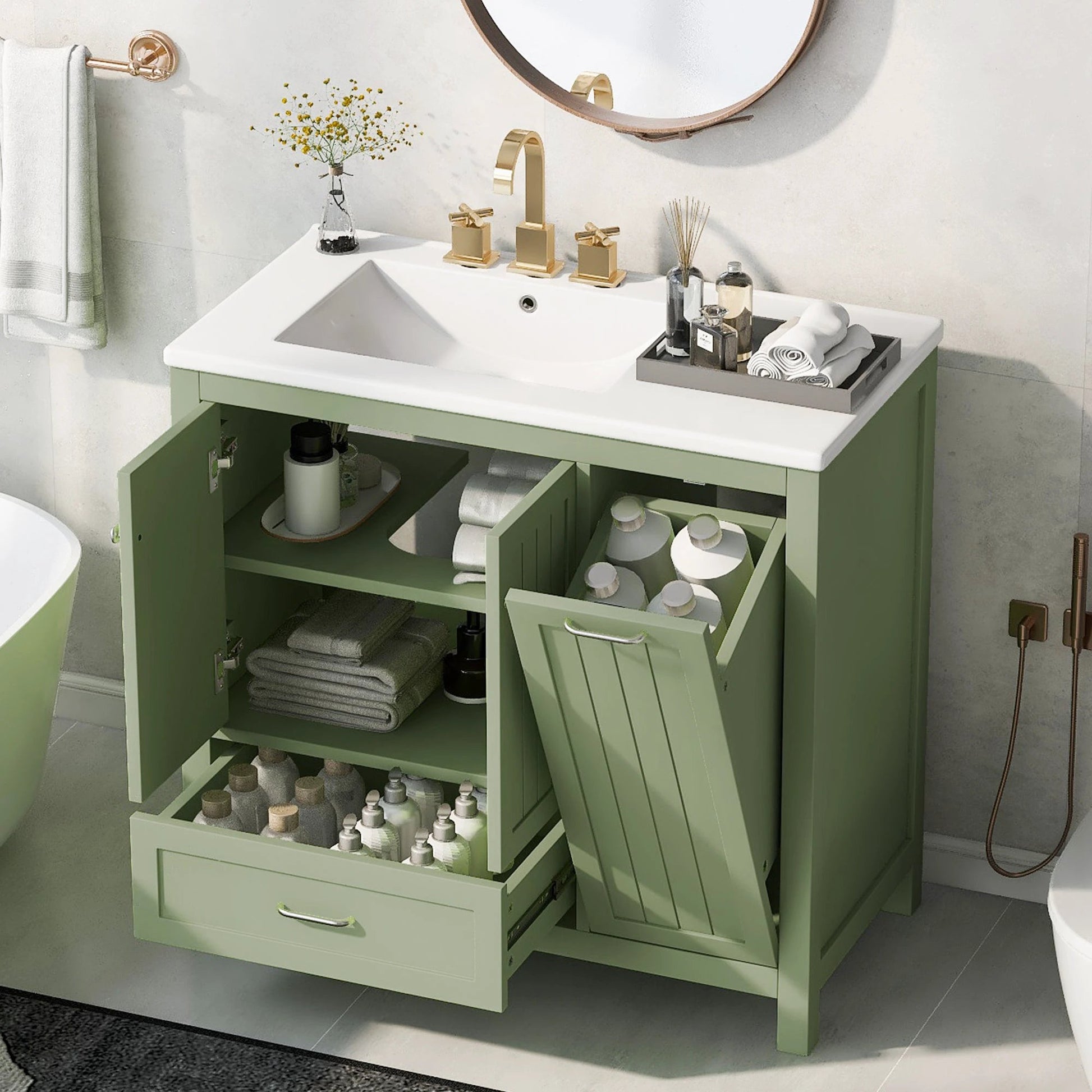 36 inch bathroom vanity with sink, one double door cabinet one large drawer and one flip drawer solid wood and MDF board, green by eprolo