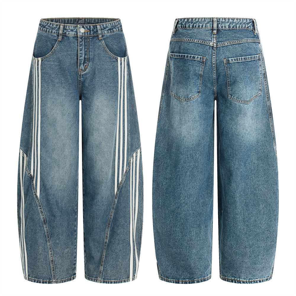 Three bar washed denim curved knife pants