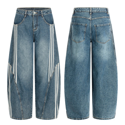 Three bar washed denim curved knife pants