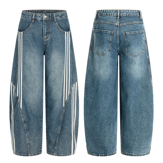 Three bar washed denim curved knife pants