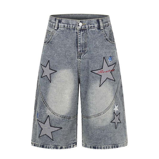 Five pointed star sticker embroidery washing water making old denim shorts