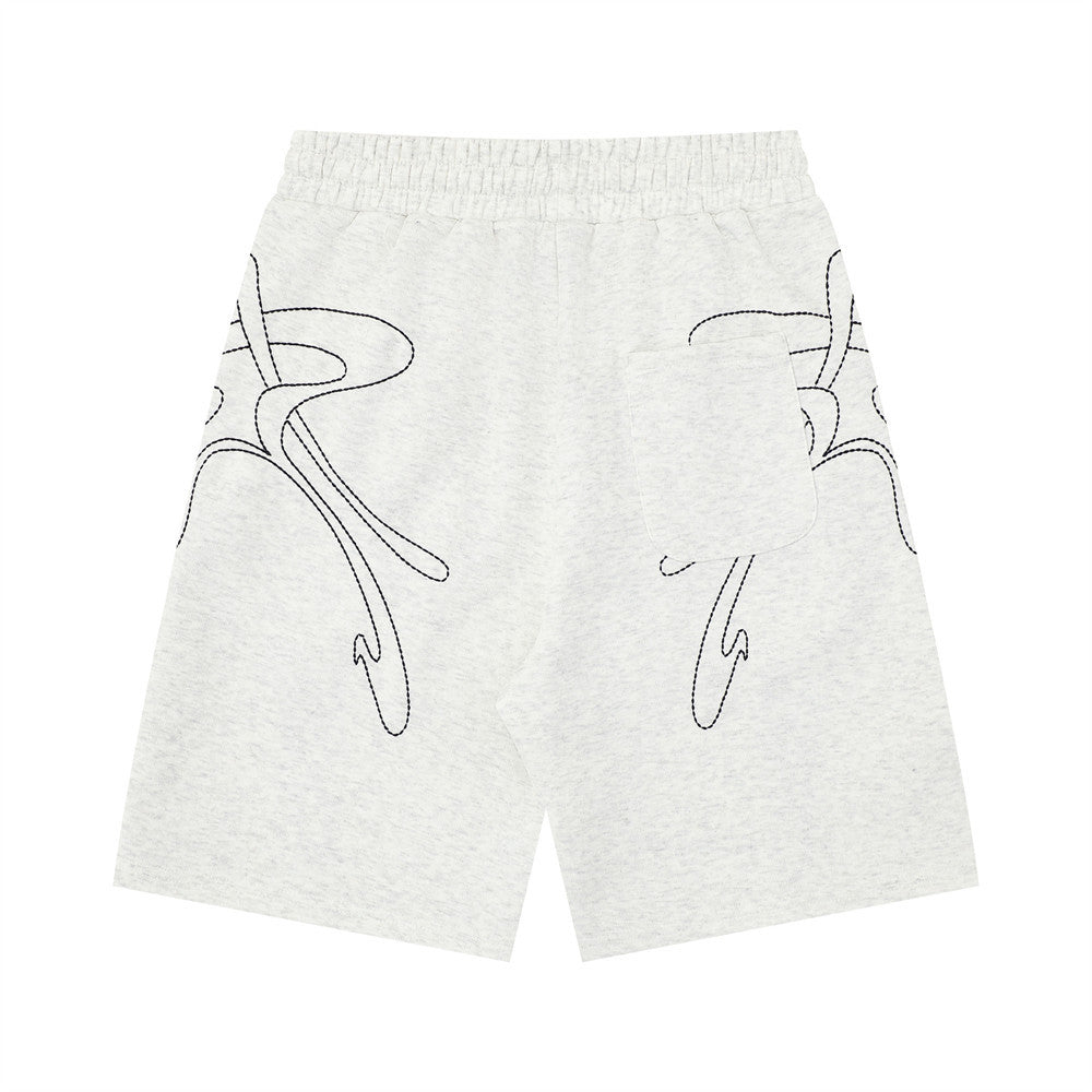 Abstract line embroidery loose shorts