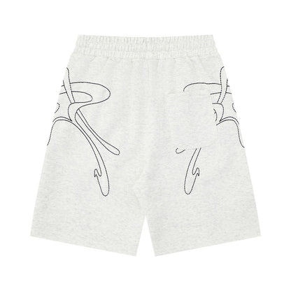 Abstract line embroidery loose shorts