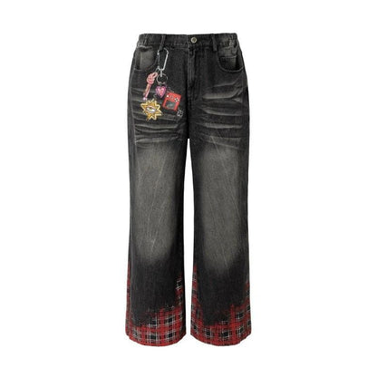 Hanging chain plaid printed loose washed wide leg denim pants by eprolo