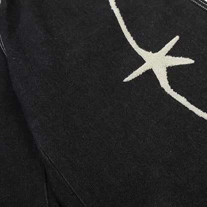 Star Plush Embroidery Washed Denim Cropped Pants